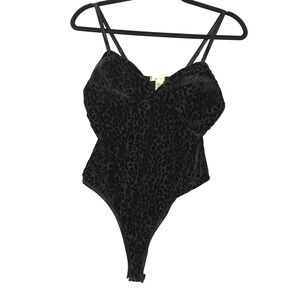 Bozzolo Bodysuit Women Large Black Velvet Leopard Mesh onesie